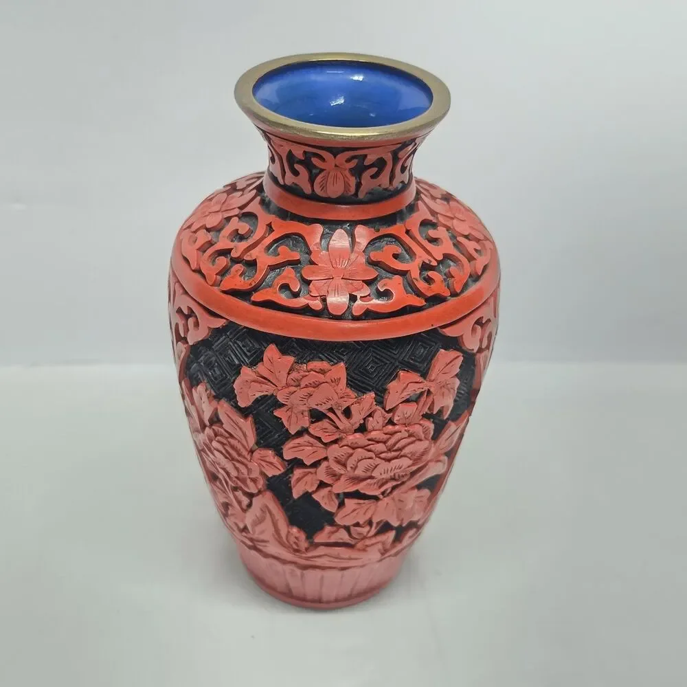 Vtg Chinese Red Cinnabar Fine Hand Carved Lacquer Brass Vase Enamel Floral 5”